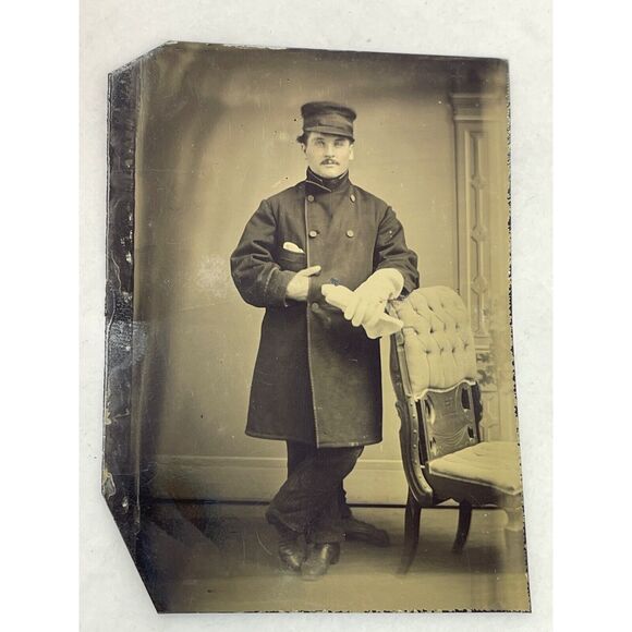 Antique Tintype Man in Uniform Perhaps Fireman with Gloves One Hand Tucked - Picture 4 of 4